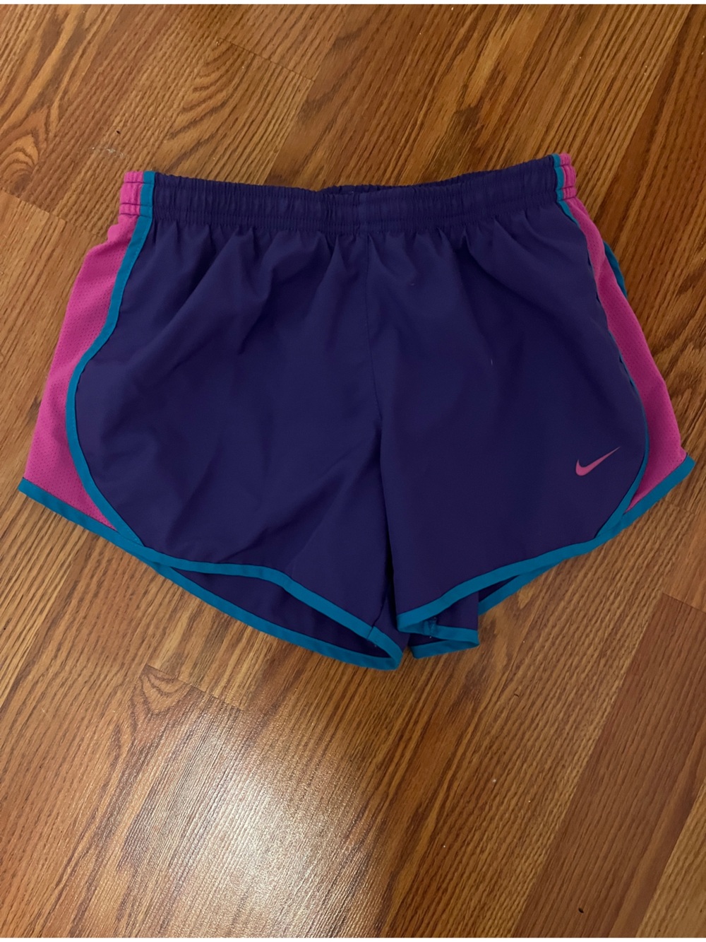 Nike Women's Purple Shorts with Pink Panels and Teal Trim